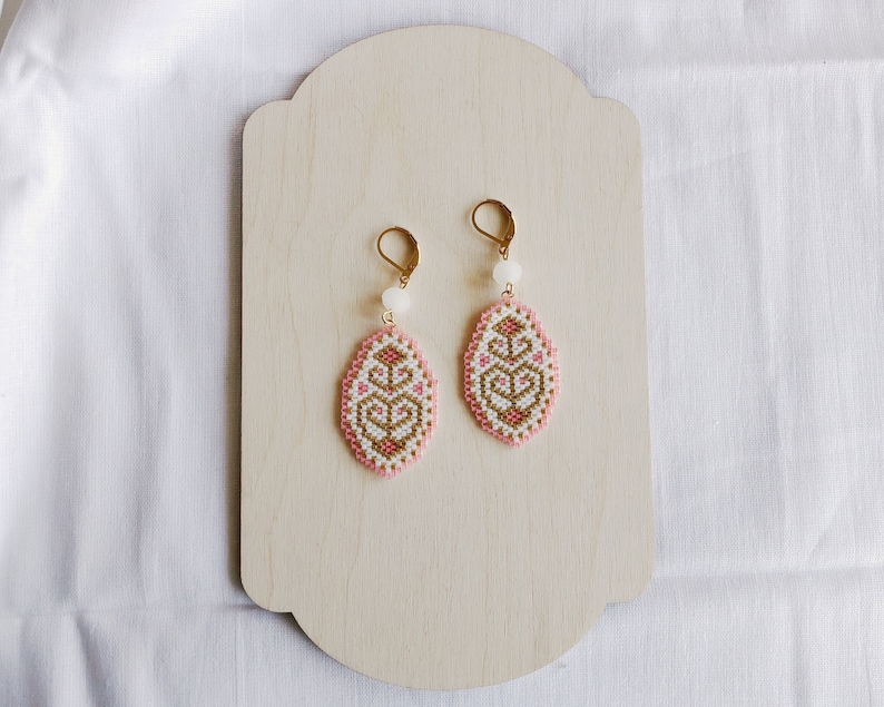 Pink white beaded earrings