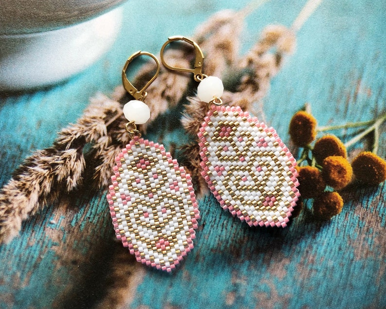 Pink white beaded earrings