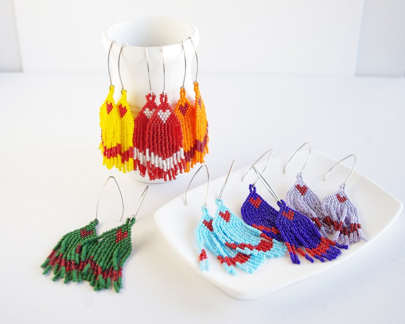 Tiny fringe LOVE earrings Heart beaded earrings Etsy