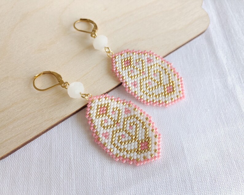 Pink white beaded earrings