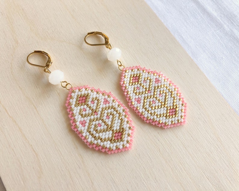 Pink white beaded earrings