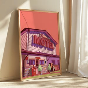 May include: Framed art print of a motel with a retro design. The artwork features a building with the word "Resorts MOTEL" in red neon. The color palette includes shades of pink, red, and purple, with a touch of green.