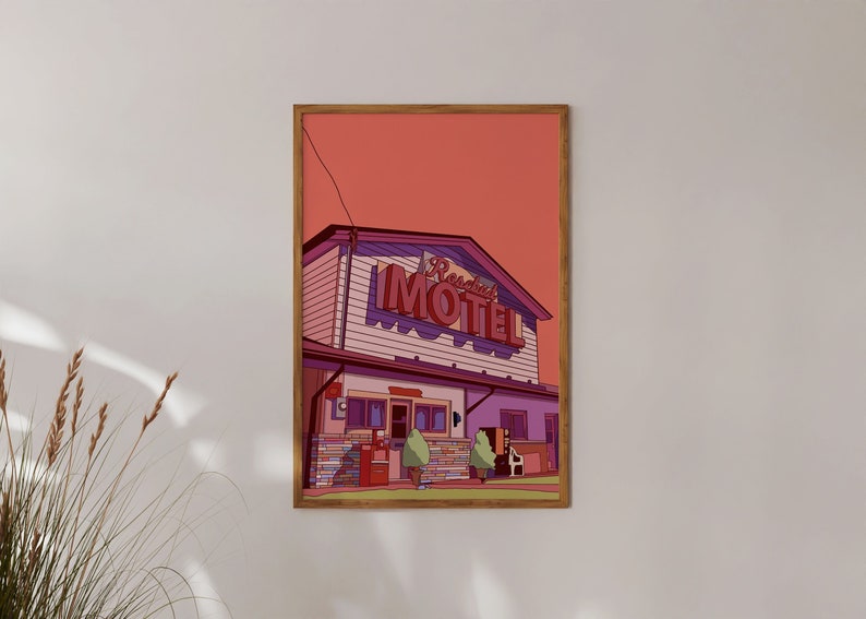 Schitts Creek Motel Illustration colorful wall art of the rosebud motel