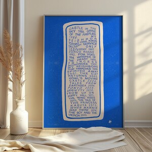 May include: A framed art print with a blue background features a white rectangular design filled with text. The text lists animated film titles and years, including "Castle in the Sky 1986" and "Spirited Away 2001."
