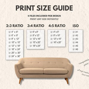 May include: Print size guide with various aspect ratios and sizes, including 4x6, 6x9, 8x12 inches, and more. The guide also includes ISO sizes A1-A6. The image features a beige sofa with wooden legs.