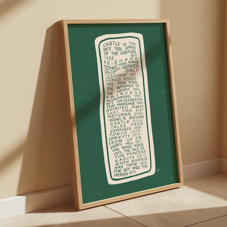 Puede incluir: Un p&oacute;ster enmarcado con un fondo verde y una lista de t&iacute;tulos de pel&iacute;culas de animaci&oacute;n en blanco. El p&oacute;ster est&aacute; en un marco de madera y se apoya en una pared. El texto incluye t&iacute;tulos como "El castillo en el cielo" y "El viaje de Chihiro".