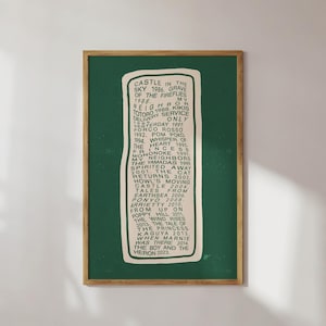 Puede incluir: Una impresi&oacute;n art&iacute;stica enmarcada con un fondo verde oscuro y un rect&aacute;ngulo beige alargado en el centro. El rect&aacute;ngulo contiene una lista de texto en un estilo manuscrito. El marco es de color marr&oacute;n claro.