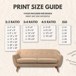 May include: Print size guide with various aspect ratios and sizes, including 4x6, 6x9, 8x12 inches, and more. The guide also includes ISO sizes like A1, A2, and A3. The image features a beige sofa.