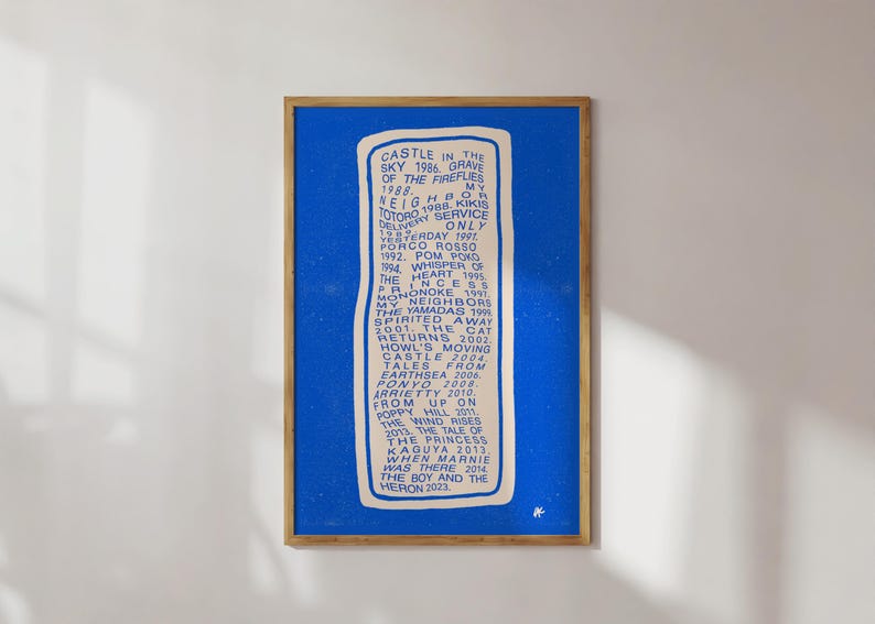 May include: A framed art print featuring a blue background with a white, elongated rectangle containing a list of titles and dates. The titles are in white, and the frame is a natural wood color.