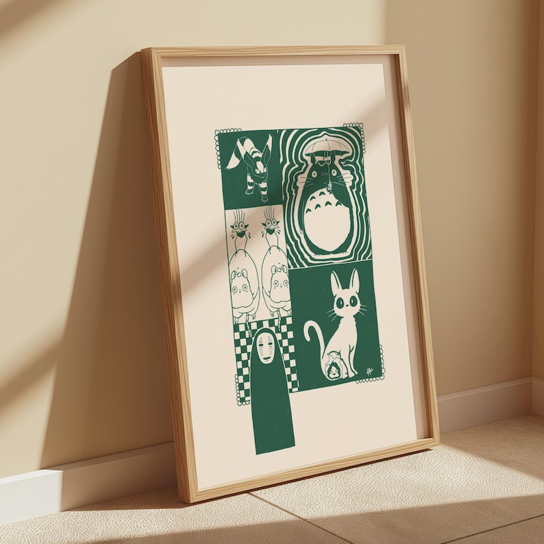 May include: A framed art print featuring green and white illustrations of characters from a popular animated film. The artwork is divided into four panels, showcasing various characters and scenes. The frame is made of light-colored wood.