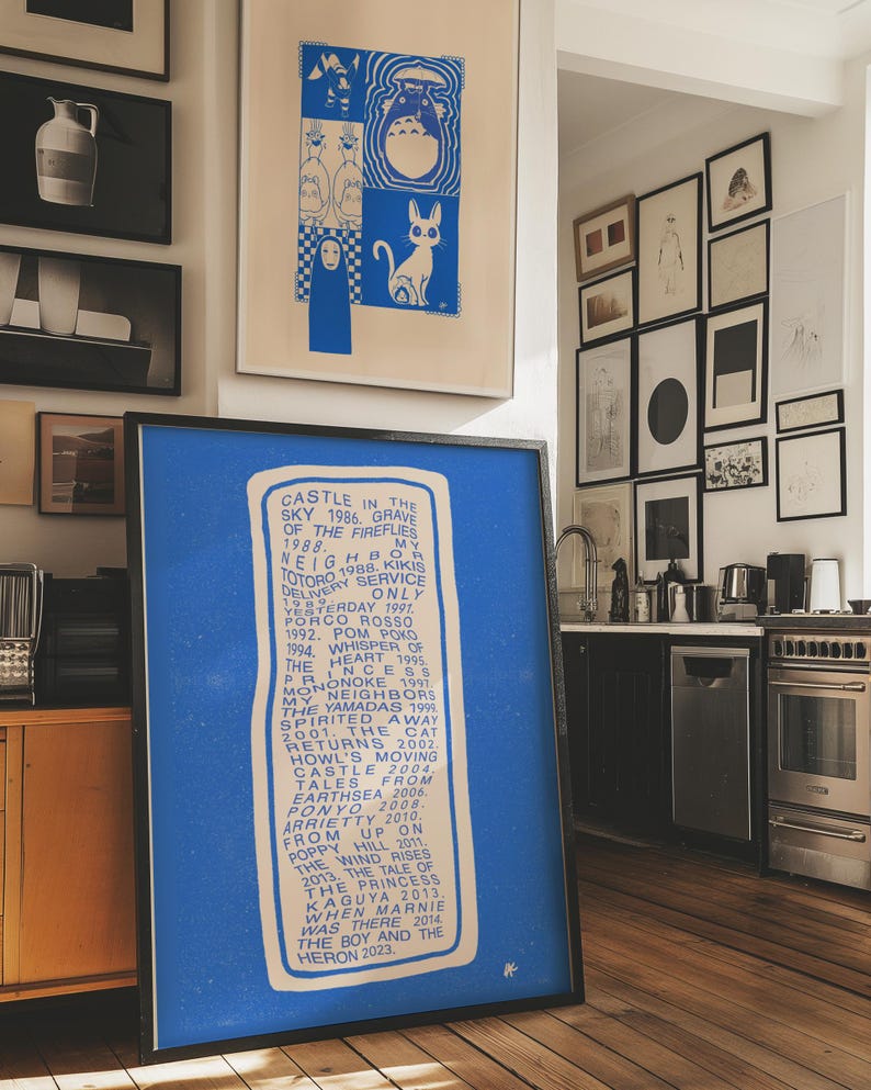 May include: A framed blue print with white text listing animated film titles and dates. Above, a framed blue and white print with cartoon characters. The image is in a room with other framed art and a kitchen.