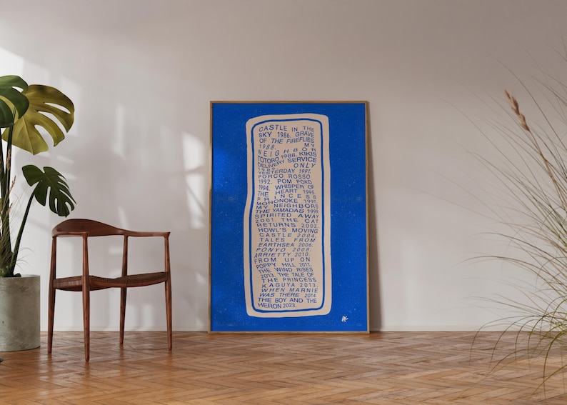 May include: A framed blue poster with white text. The text is a list of titles and dates. The poster is in a wooden frame and is leaning against a white wall. A wooden chair and a potted plant are in the background.