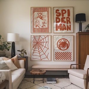 Spider-inspirerad superhjälteväggkonstset för pojkrum Galleritryck Terrakotta barnrumsdekor Spindelhjälteposters Utskrivbar nedladdning