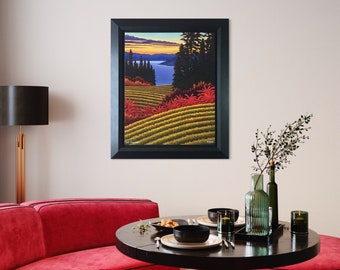 FRAMED CANVAS PRINT - "Sumac and Vines"  Okanagan Vineyard Sunset by artist Mal Gagnon. Wood Frame plus Floater Frame.  Low Edition