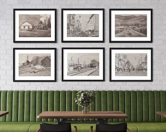 THE KOOTENAY COLLECTION -  Set of 8 pencil drawn litho prints by Mal Gagnon. Turn of century mining towns. Free Shipping to Canada & us.