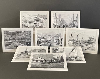 HISTORICAL ART CARDS w/ envelopes of The Kootenay Collection. Pencil Drawings of B.C. mining towns by artist Mal Gagnon.