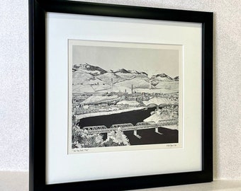 PENCIL DRAWING PRINT - "Trail from Daniel Street" - Litho Print of Trail, B.C./  1977 by Mal Gagnon/ Framed Print or Print only in 2 sizes.
