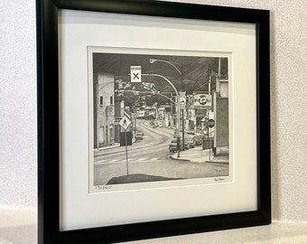 PENCIL DRAWING PRINT - "The Gulch" - Litho Print of Trail, B.C. street scene 1983 by Mal Gagnon/ Framed Print or Print only in 2 sizes.