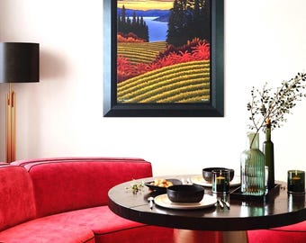 FRAMED CANVAS PRINT - "Sumac and Vines"  Okanagan Vineyard Sunset by artist Mal Gagnon. Wood Floater Frame or 3”Wood Frame + Floater Frame.