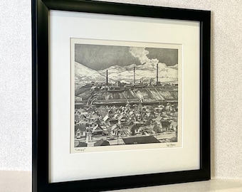 PENCIL DRAWING PRINT-"Cominco from East Trail" - Litho of Trail, B.C./ 1975 by Mal Gagnon/ Framed Print or Print only/ Pickup Save Shipping.
