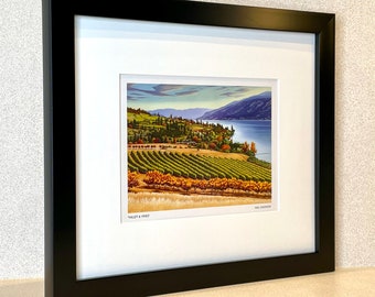 GIFTS of The OKANAGAN - Framed Vineyard ArtCard Print - "Valley and Vines" Okanagan Vineyard Scene by Mal Gagnon. Save Shipping Local Pickup