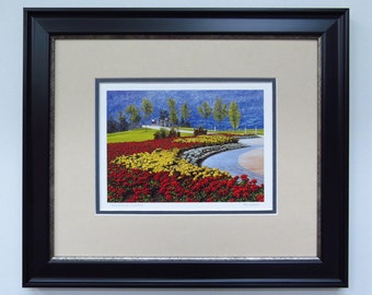 FRAMED  ArtCard Print - "Waterfront Flowers"- Western Canada Landscape by Artist Mal Gagnon.