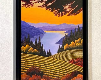 FRAMED CANVAS  PRINT - "Sunset Okanagan" - In Floater Frame by Artist Mal Gagnon. Low Edition Giclee. Kelowna Pickup Save Shipping.