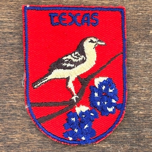 May include: A red patch with a blue border and the word "TEXAS" in blue. The patch features a bird perched on a branch with blue flowers. The bird is white, black, and tan.