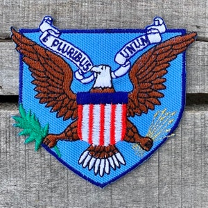 Könnte beinhalten: Ein gestickter Aufnäher mit dem Großen Siegel der Vereinigten Staaten. Der Aufnäher ist blau mit einem weißen Adler, der einen Schriftzug in seinem Schnabel hält, der "E Pluribus Unum" lautet. Der Adler hält in seiner rechten Kralle einen Olivenzweig und in seiner linken Kralle einen Bündel Pfeile. Der Adler sitzt auf einem Schild mit 13 roten und weißen Streifen. Der Aufnäher ist von einem Kranz aus grünen Blättern und Weizenähren umgeben.