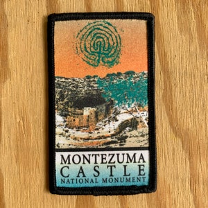 Parche de viaje vintage de recuerdo del Monumento Nacional del Castillo de Montezuma, Arizona