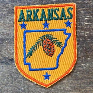 Puede incluir: Parche bordado con la palabra "ARKANSAS" en verde, estrellas azules y un contorno azul del estado. El parche tiene un fondo naranja y un diseño de piña y rama. El borde es naranja.