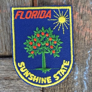 Może przedstawiać: Haftowana naszywka w kolorze niebieskim z napisem "FLORIDA" w kolorze pomarańczowym, drzewem z zielonymi liśćmi i pomarańczowymi owocami oraz napisem "SUNSHINE STATE" w kolorze żółtym. Żółta obwódka.