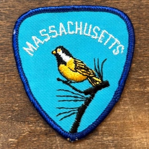 May include: A teal patch with a blue border featuring the word "MASSACHUSETTS" in white script. The patch showcases a yellow and black bird perched on a black branch.