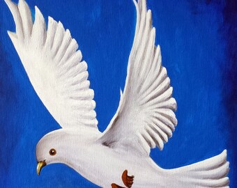 白い鳩の油彩画　油絵　動物画　インテリア　絵画 Amazon.co.jp: 絵画 飛んでいる白い鳩インテリア 絵画 ポスター