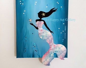 Personalized Mermaid Canvas Art: Rainbow Nursery Decor, Glitter Finish