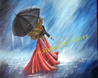 雨の夜のアクリル画：都市風景の傘アート（16x20） - Etsy 日本