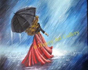 SOLD -In the Rain- Rain painting living room decor office decor umbrella painting romantic painting gift for her bedroom decor rain wall art