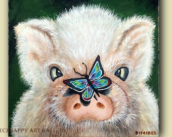 Pig and Butterfly Painting - Small Animal Acrylic Art