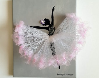 Dancing Ballerina Art – Pink Tulle Tutu, Gray Nursery Decor