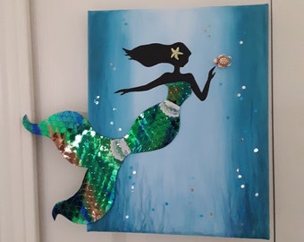 Mermaid Canvas Art, Glitter Turtle Painting, Kids Nursery Decor