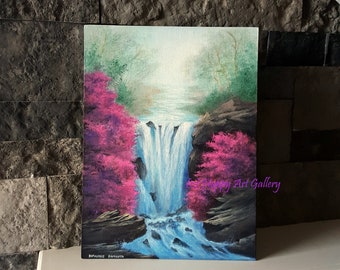 Original Waterfall Painting on Canvas, Serene Nature Art (12x9)
