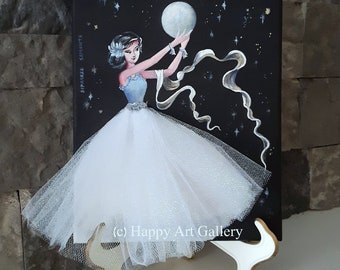 Moon Princess Painting – Abstract Art Deco Fairy Girl, 10x8"