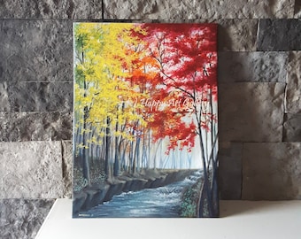 秋の風景画 オリジナルの秋の森の絵画 手作りの秋の風景アート