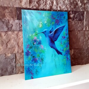 Hummingbird art on canvas hummingbird gift hummingbird painting original bird painting wildlife painting mothers day gift idea blue wall art