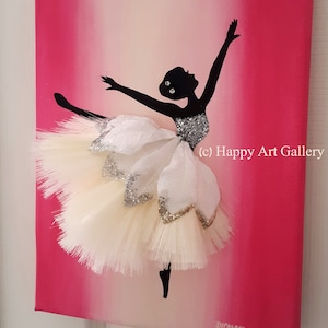 May include: A black silhouette of a ballerina with a white tutu and silver glitter accents on a pink and white ombre background. The text (c) Happy Art Gallery is in the lower right corner of the canvas.