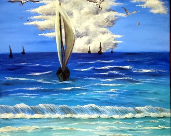 Original Nautical Acrylic Painting – Sailboats Seascape Art, 20x16