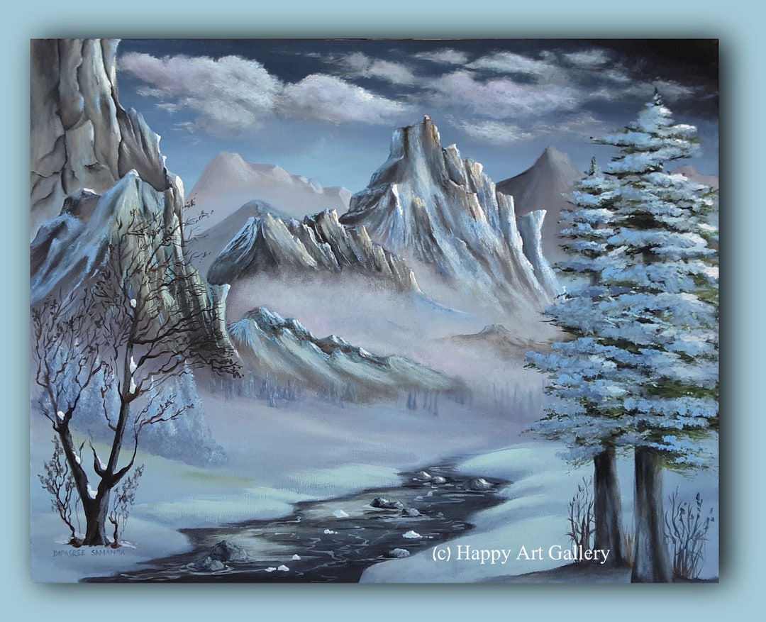 Winter Valley Acrylic Painting – Snowy Mountain Landscape Art
