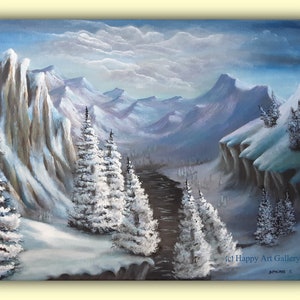 May include: A snowy mountain landscape painting with a river winding through the valley. The mountains are a deep blue and purple, and the trees are covered in white snow. The sky is a light blue with white clouds.