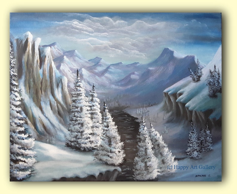 May include: A snowy mountain landscape painting with a river winding through the valley. The mountains are a deep blue and purple, and the trees are covered in white snow. The sky is a light blue with white clouds.