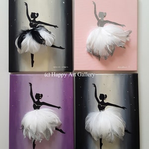 May include: Four square canvases with a silhouette of a ballerina in a white tutu with feathers and glitter. The backgrounds are black, pink, purple, and gray. The canvases are signed "Dipashee S."